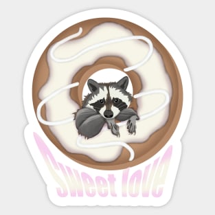 Sweet Love Cute raccoon and Yummy donut White Sticker